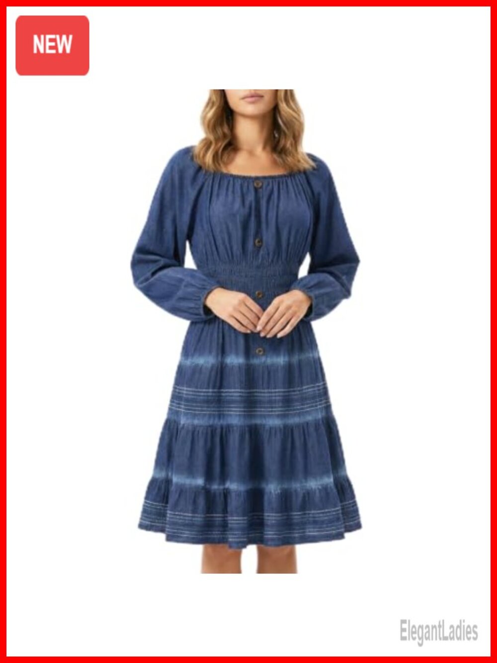 Women's Denim Midi Dress Square Neck Long Balloon Sleeve Tiered